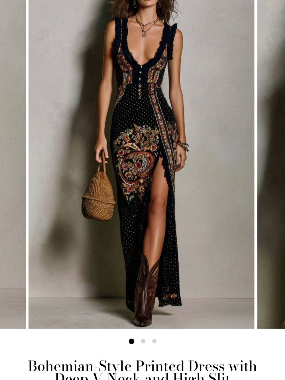 Bohemian Black Printed V-Neck Maxi Dress with High Slit
